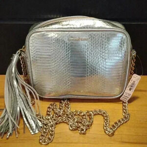 NWT‎ Victoria Secret silver crossbody bag with heavy gold chain strap accent